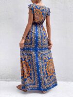 Rochie Lunga Barbro Albastra Cu Model Floral Portocaliu - imagine 2