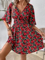 Rochie Scurta Evaine Neagra Cu Model Cu Trandafiri Rosii - imagine 5