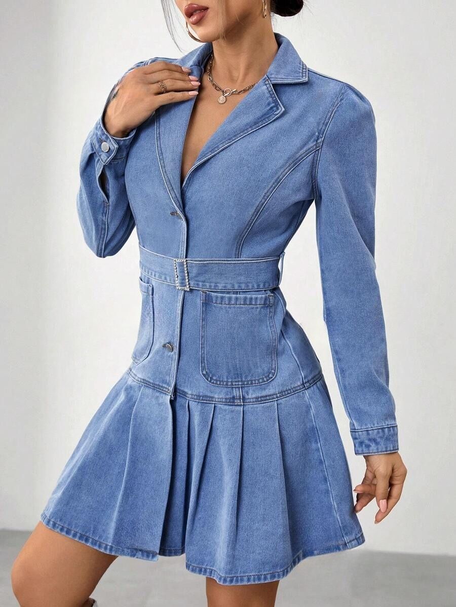48jh Rochie Scurta Gato Din Denim Cu Pliuri - imagine 1