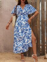 Rochie Lunga Evala Alba cu Print Floral Albastru - imagine 3