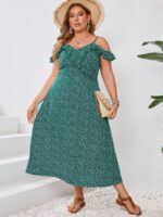 Rochie Lunga Gwen Verde Cu Model Floral Alb - Marimi Mari