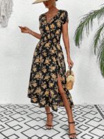 Rochie Lunga Marlisa Neagra Cu Model Floral Galben - imagine 5