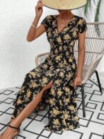 Rochie Lunga Marlisa Neagra Cu Model Floral Galben