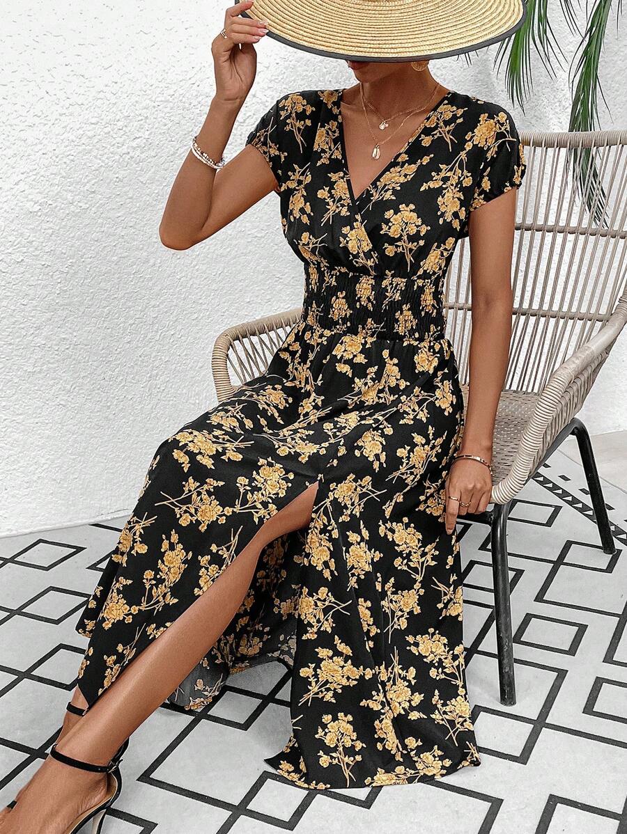 69 Rochie Lunga Marlisa Neagra Cu Model Floral Galben - imagine 1