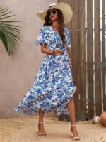Rochie Lunga Evala Alba cu Print Floral Albastru