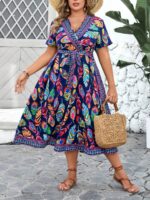 Rochie Midi Sanfrida Albastra Cu Model Cu Pene Colorate - Marimi Mari