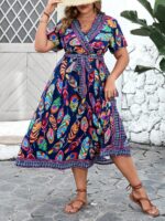 Rochie Midi Sanfrida Albastra Cu Model Cu Pene Colorate - Marimi Mari - imagine 3