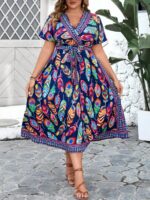 Rochie Midi Sanfrida Albastra Cu Model Cu Pene Colorate - Marimi Mari - imagine 4