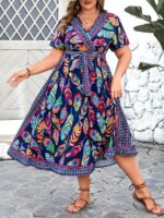 Rochie Midi Sanfrida Albastra Cu Model Cu Pene Colorate - Marimi Mari - imagine 5