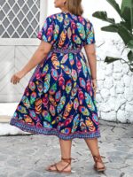 Rochie Midi Sanfrida Albastra Cu Model Cu Pene Colorate - Marimi Mari - imagine 2