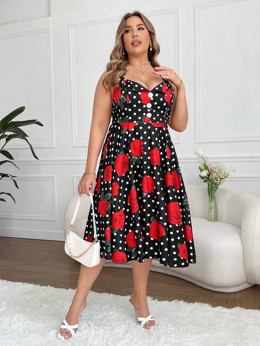 75 Rochie Midi Sarah Neagra Inflorata Cu Spatele Gol - Marimi Mari - imagine 1
