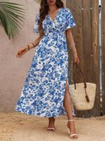 Rochie Lunga Evala Alba cu Print Floral Albastru - imagine 4