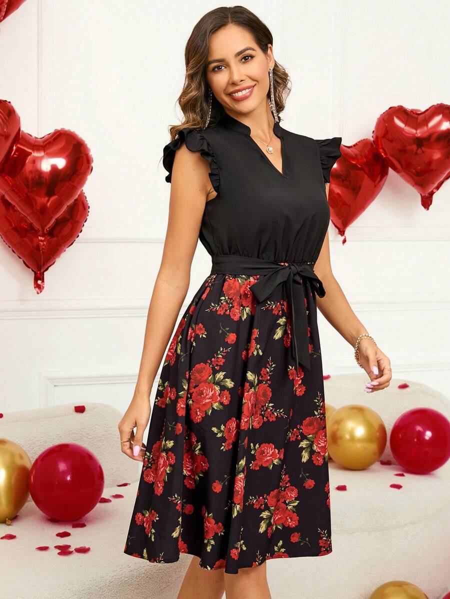 80 Rochie Midi Monisha Neagra Cu Model Floral Rosu - imagine 1