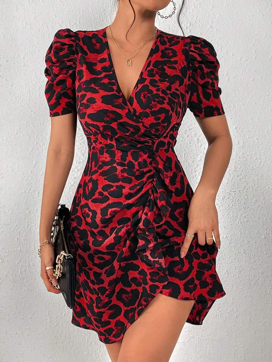 90 Rochie Scurta Esperanza Rosie Cu Model Leopard Negru - imagine 1