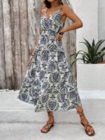 Rochie Midi Ortansa Bej cu Print Geometric - imagine 4