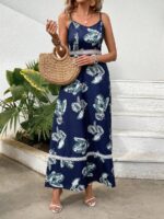 Rochie Lunga Sesilia Bleumarin cu Print Tropical - imagine 4