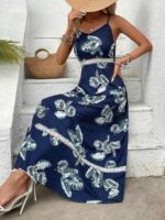 Rochie Lunga Sesilia Bleumarin cu Print Tropical