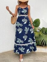 Rochie Lunga Sesilia Bleumarin cu Print Tropical - imagine 3