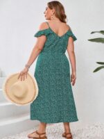Rochie Lunga Gwen Verde Cu Model Floral Alb - Marimi Mari - imagine 2