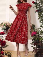 Rochie Midi Elvide Midi Rosie cu Floricele Albe