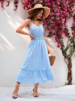 Rochie Lunga Darisa Bleu Cu Model Floral Alb - imagine 3