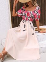 Rochie Lunga Elodie Crem Deschis Cu Model Floral Roz