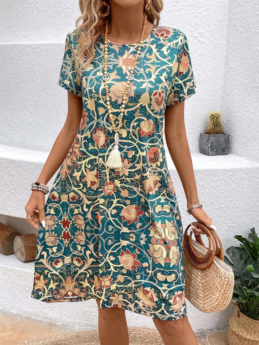 105 Rochie Scurta Chatrine Verde Cu Model Floral Multicolor - imagine 1