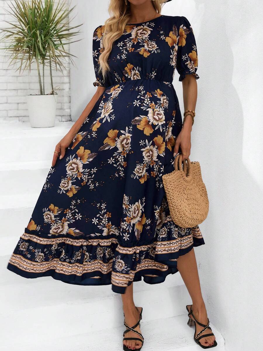 109 Rochie De Maternitate Lunga Abigail Bleumarin Cu Model Floral Crem - imagine 1