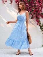 Rochie Lunga Darisa Bleu Cu Model Floral Alb - imagine 4