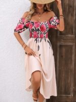 Rochie Lunga Elodie Crem Deschis Cu Model Floral Roz - imagine 3