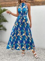 Rochie Lunga Artemis Albastra Cu Print Tropical - imagine 4