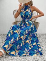 Rochie Lunga Artemis Albastra Cu Print Tropical - imagine 5