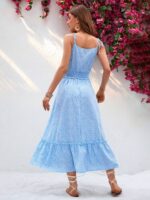 Rochie Lunga Darisa Bleu Cu Model Floral Alb - imagine 2