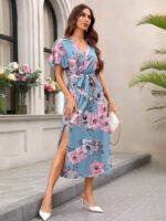 Rochie Lunga Silena Bleu Cu Model Floral Multicolor