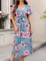 Rochie Lunga Silena Bleu Cu Model Floral Multicolor - imagine 3