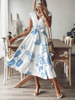 Rochie Lunga Andela Alba Cu Model Floral Albastru Si Cordon