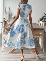 Rochie Lunga Andela Alba Cu Model Floral Albastru Si Cordon - imagine 2