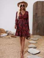 Rochie Scurta Naraja Neagra Cu Model Floral Rosu - imagine 5