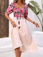 Rochie Lunga Elodie Crem Deschis Cu Model Floral Roz - imagine 4
