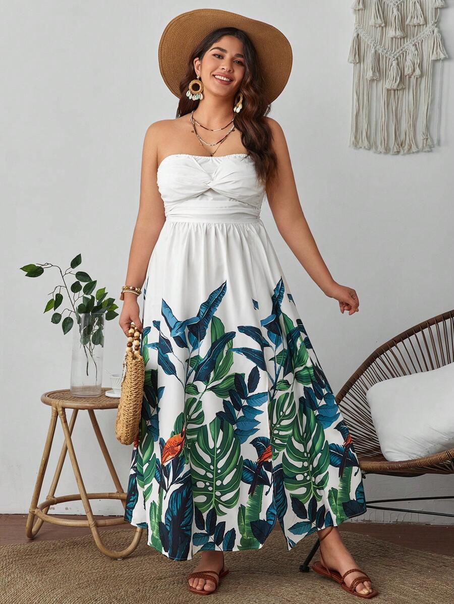 130 Rochie Lunga Edvina Alba Cu Model Cu Frunze Multicolore - Marimi Mari - imagine 1