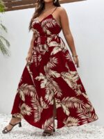 Rochie Lunga Vanessa Grena Cu Model Cu Frunze Crem - Marimi Mari - imagine 3