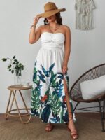 Rochie Lunga Edvina Alba Cu Model Cu Frunze Multicolore - Marimi Mari - imagine 3
