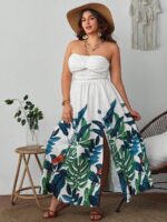 Rochie Lunga Edvina Alba Cu Model Cu Frunze Multicolore - Marimi Mari - imagine 5