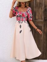 Rochie Lunga Elodie Crem Deschis Cu Model Floral Roz - imagine 5