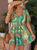 Salopeta Scurta Alian Verde Cu Imprimeu Geometric Multicolor