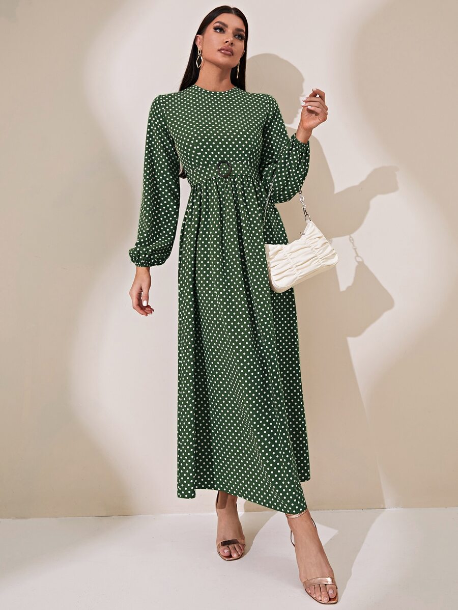 155 Rochie Lunga Hafsa Verde Cu Buline Albe - imagine 1