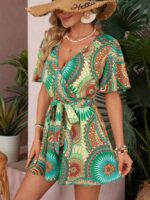 Salopeta Scurta Alian Verde Cu Imprimeu Geometric Multicolor - imagine 4