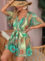 Salopeta Scurta Alian Verde Cu Imprimeu Geometric Multicolor - imagine 5