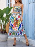 Compleu Cu Fusta Lunga Milania Alba Cu Model Floral Multicolor - imagine 3
