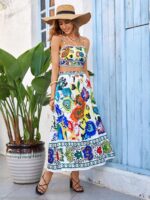 Compleu Cu Fusta Lunga Milania Alba Cu Model Floral Multicolor - imagine 4